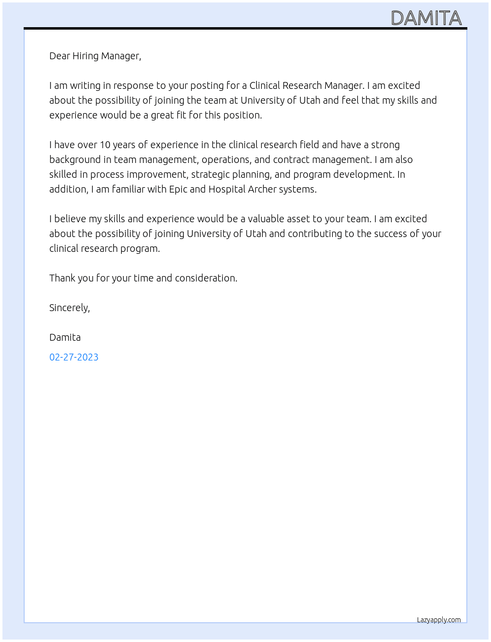 Clinical Research Manager At University or Utah Cover Letter