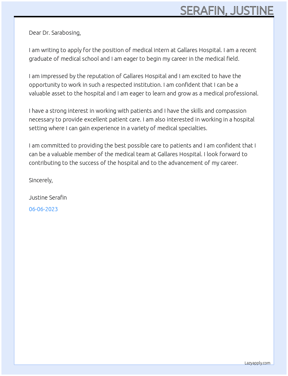 medical intern At gallares hospital Cover Letter