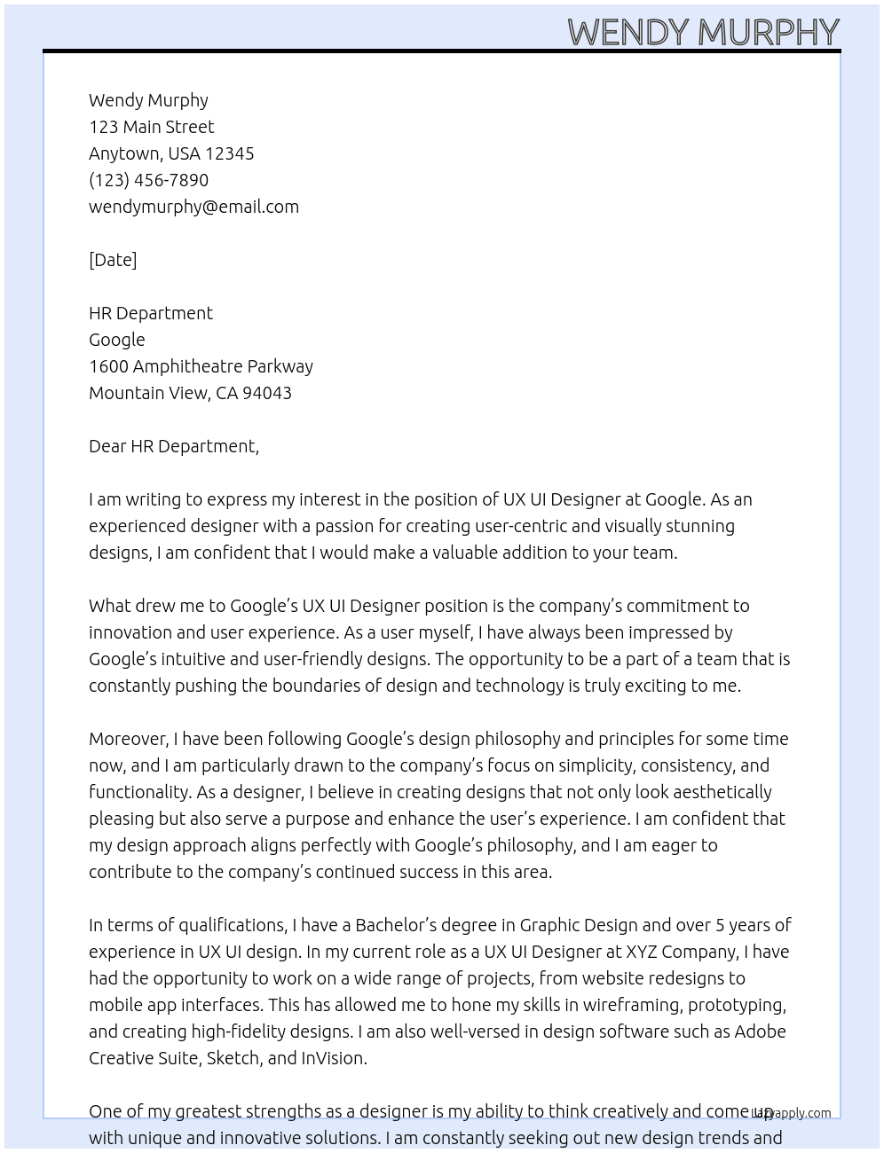 ux ui designer At google Cover Letter