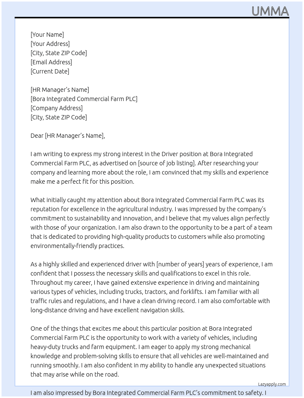 Driver  At Bora integrated commercial farm plc  Cover Letter