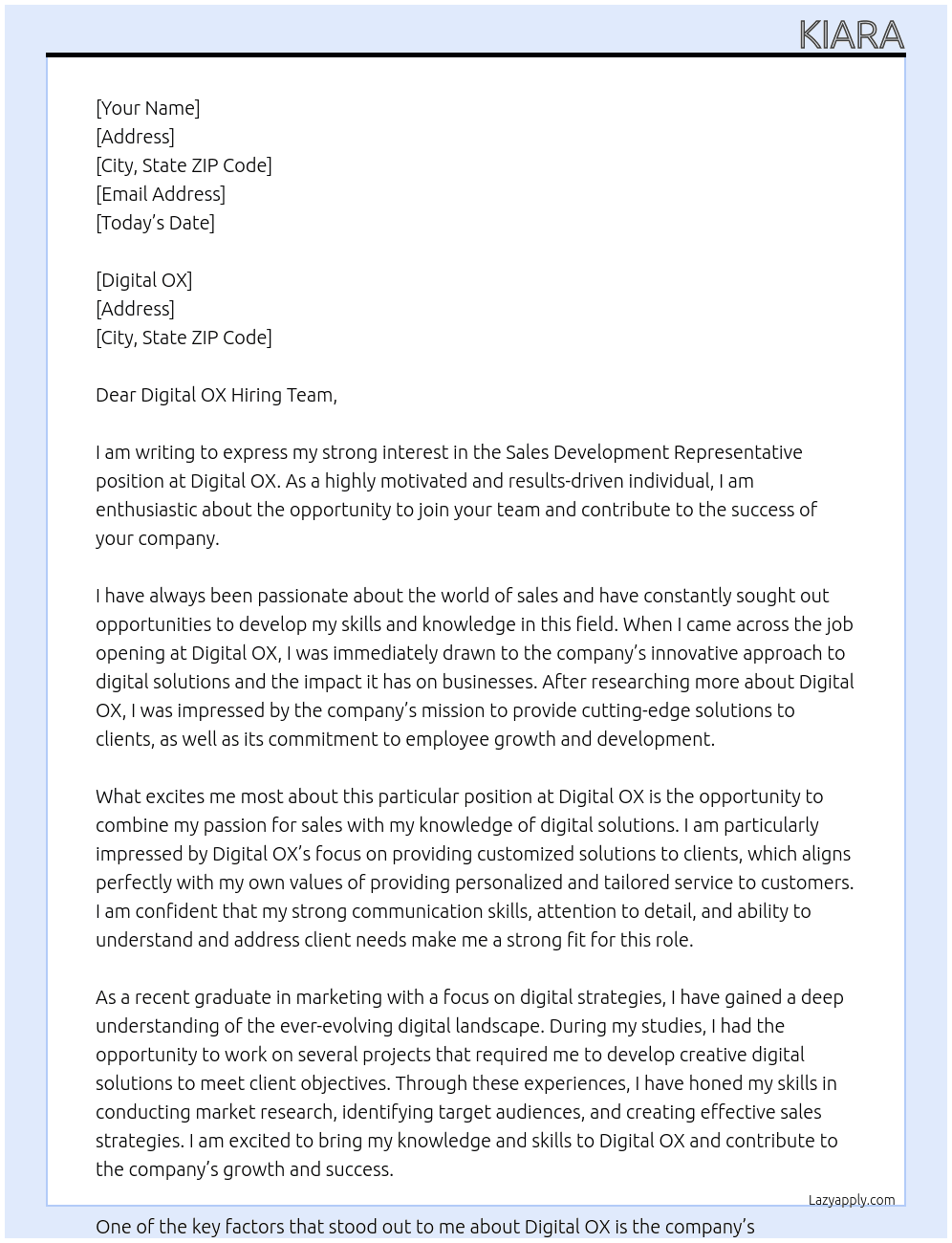 Sales Development Representative At Digital OX Cover Letter