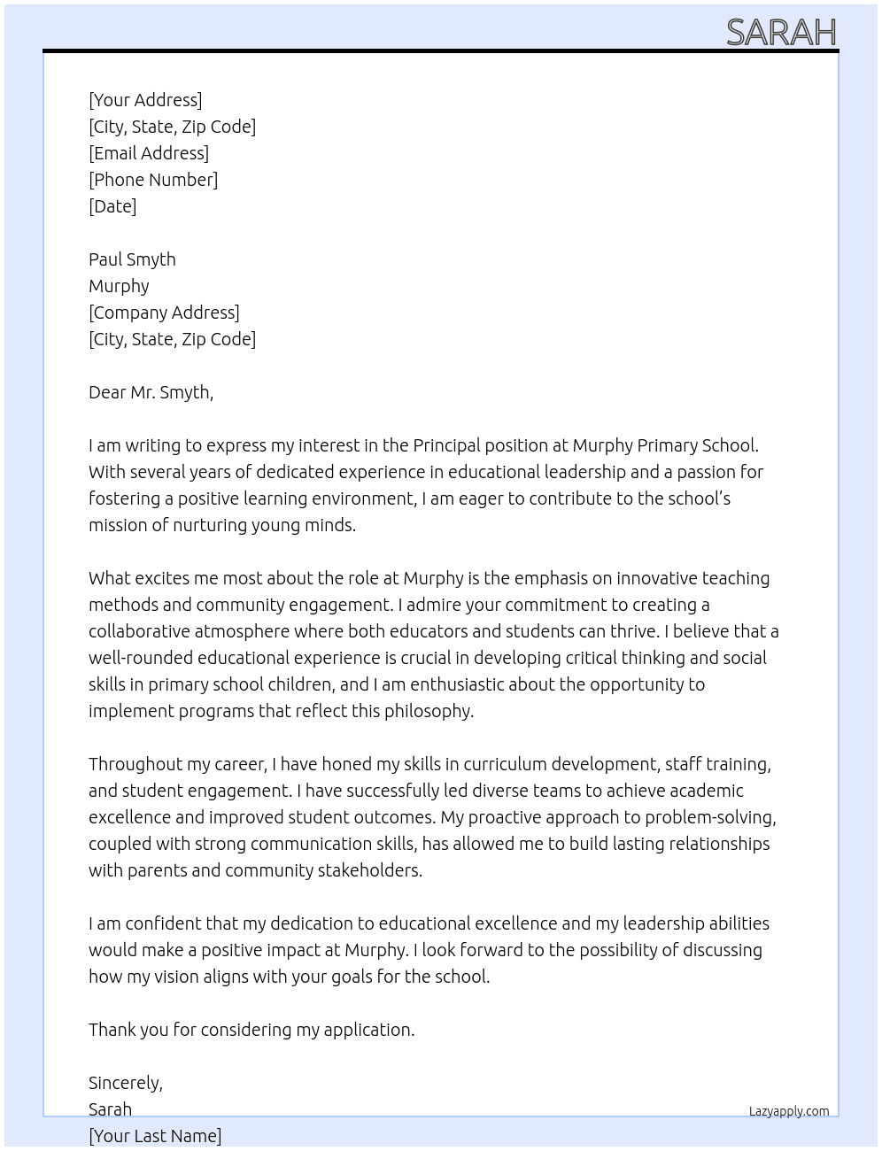 Principal of Primary School At Murphy Cover Letter