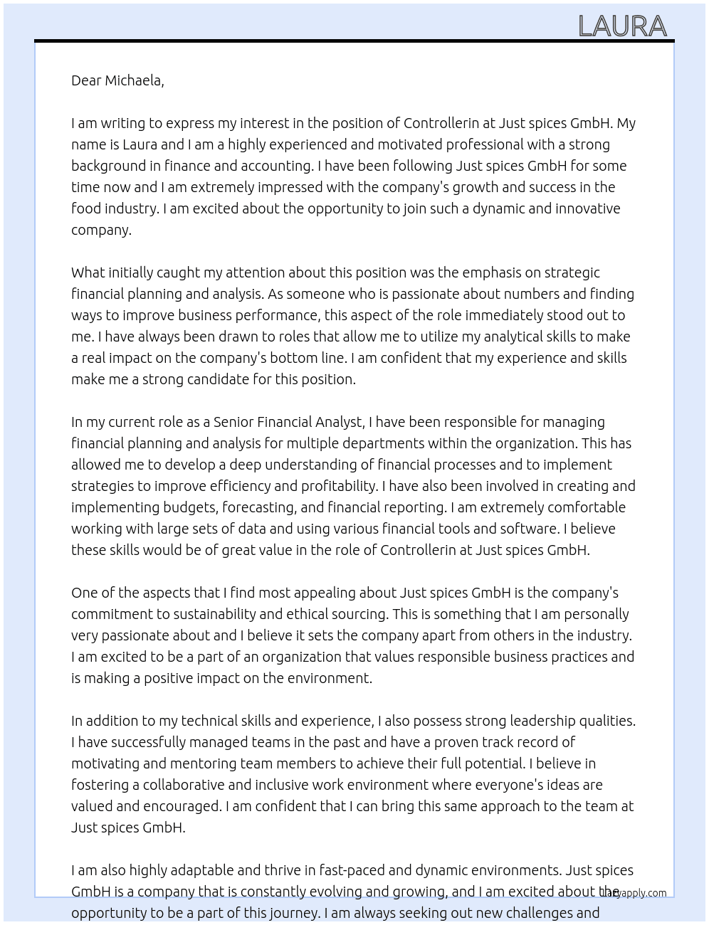 Controllerin At Just spices GmbH Cover Letter