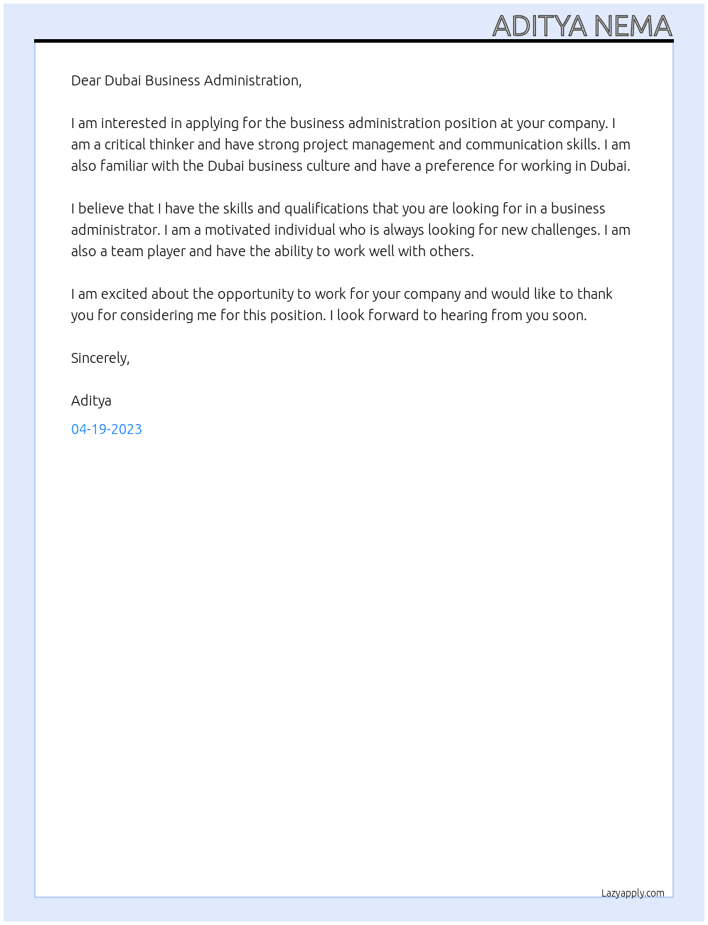  business administration At Dubai business administration Cover Letter