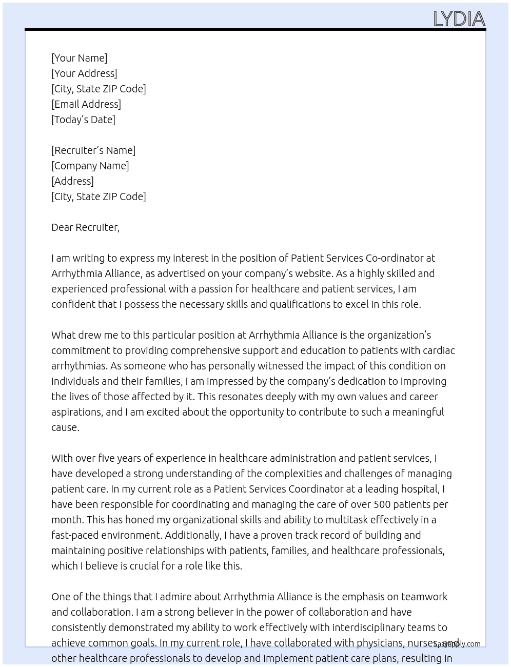 Patient Services Co-Ordinator At Arrhythmia Alliance Cover Letter