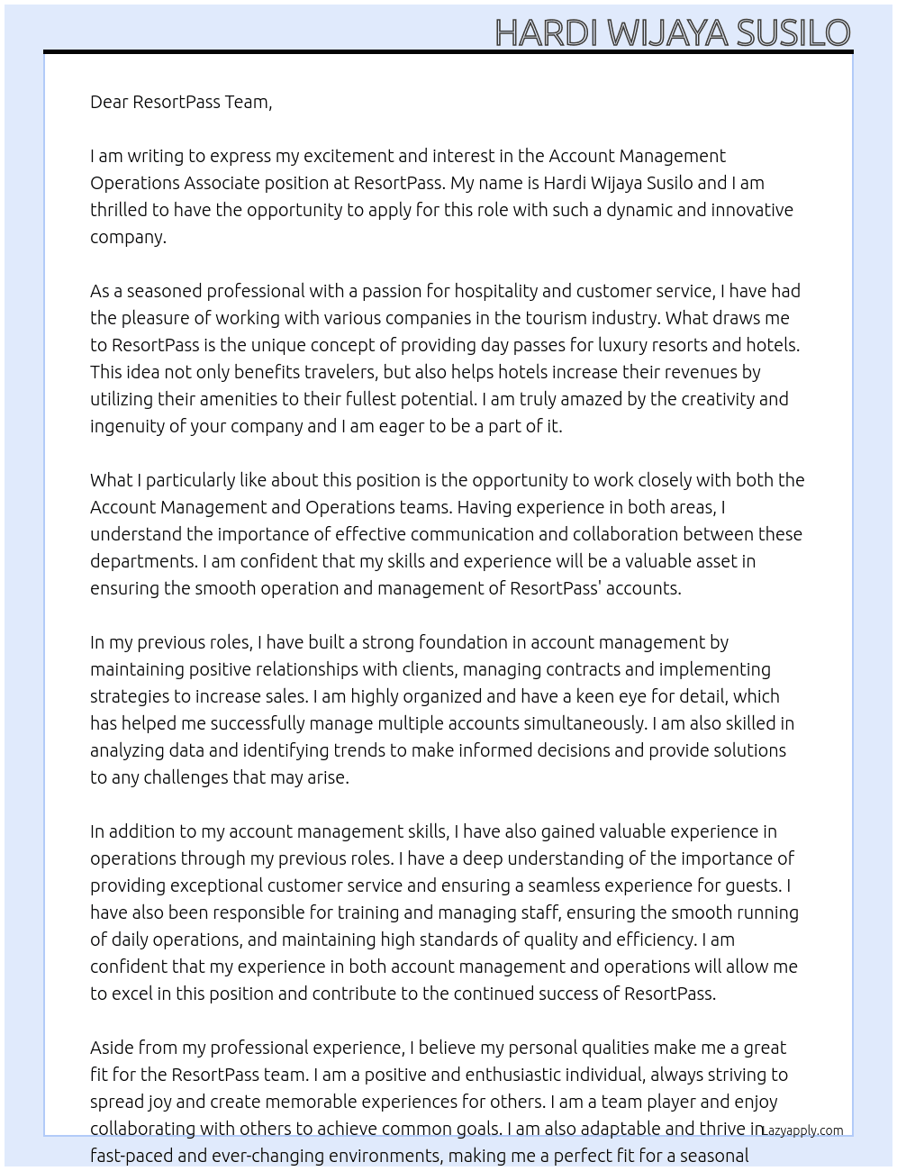 Account Management Operations Associate (Seasonal Contract) At RESORTPASS Cover Letter