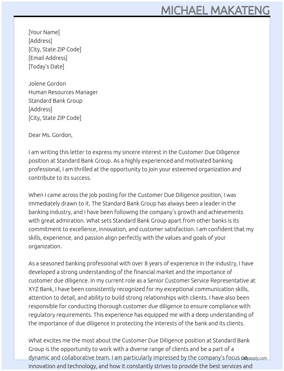 Customer Due Diligence At Standard Bank Group Cover Letter