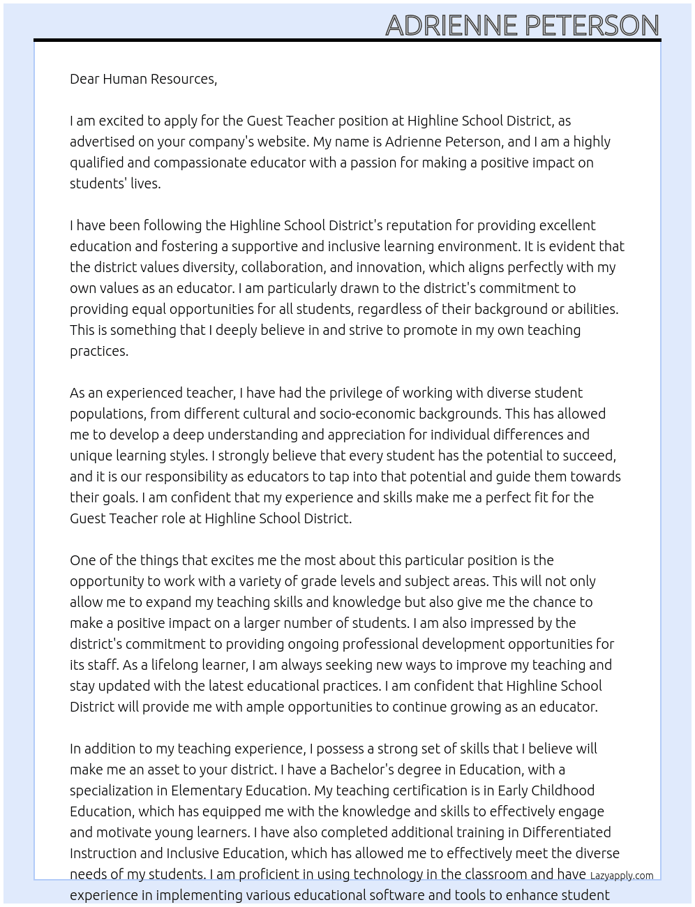 Teacher At Highline School District Cover Letter