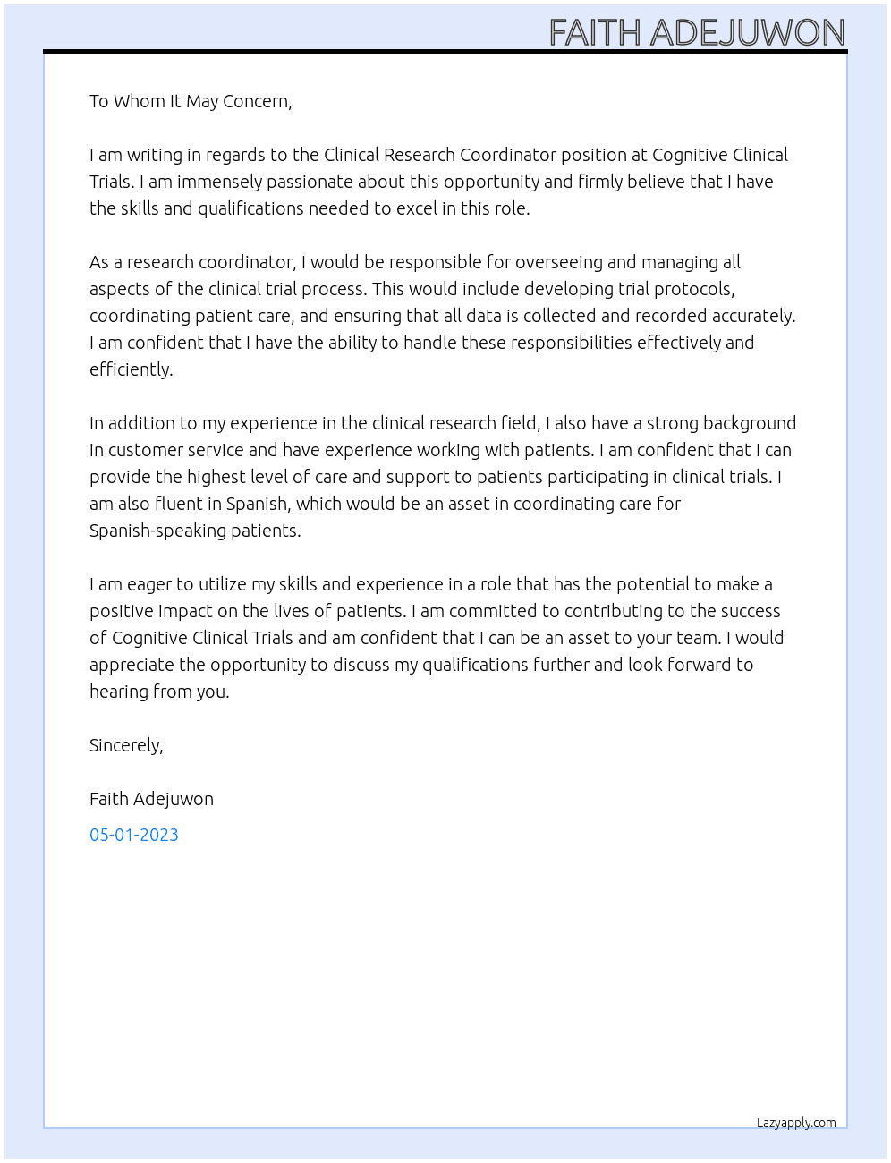 Clinical research coordinator  At Cognitive Clinical Trials Cover Letter