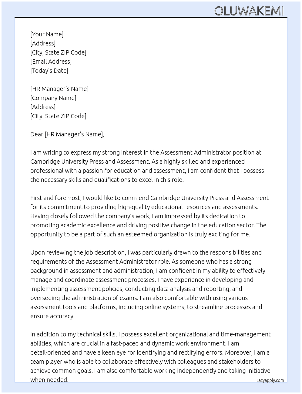 Assessment administrators  At Cambridge University press and Assessment  Cover Letter