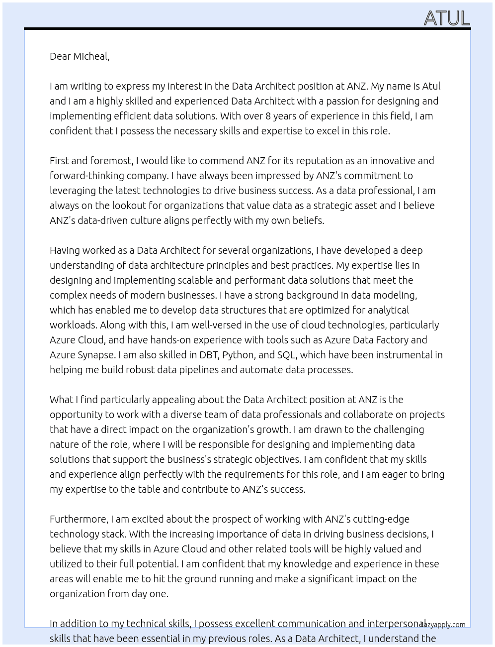 Data Architect At ANZ Cover Letter