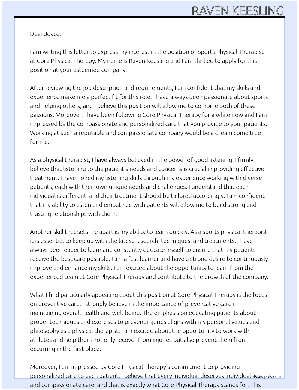Sports physical therapist  At Core physical therapy  Cover Letter