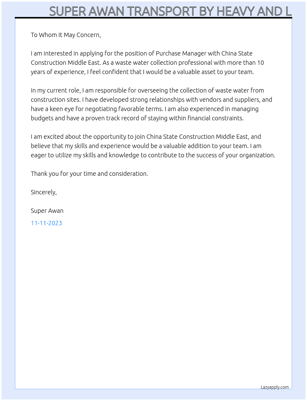 waste water collection At China State Construction Middle East  Cover Letter