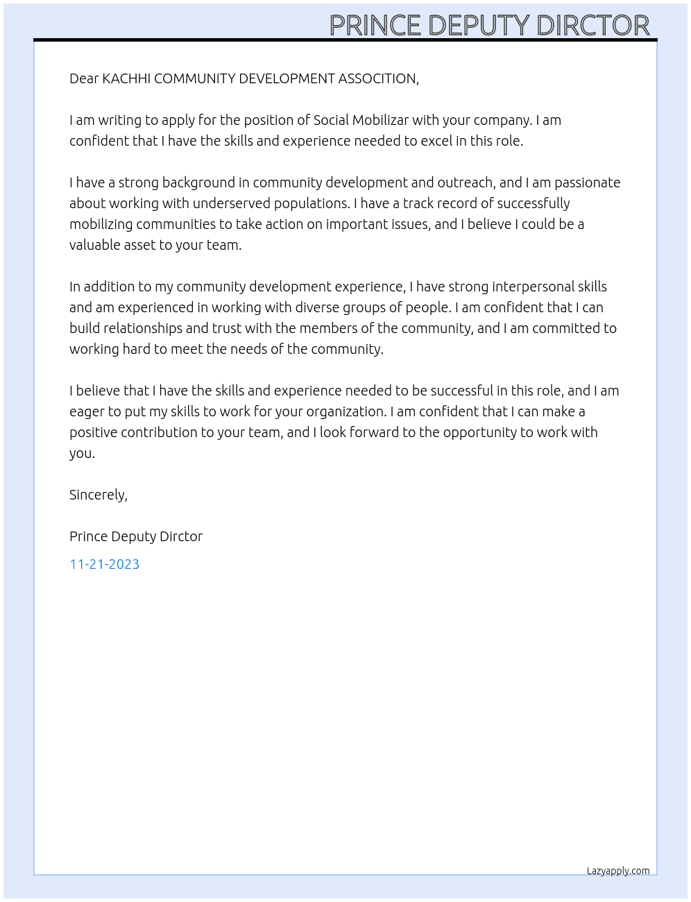 SOCIAL MOBILIZAR At KACHHI COMMUNITY DEVELOPMENT ASSOCITION  Cover Letter
