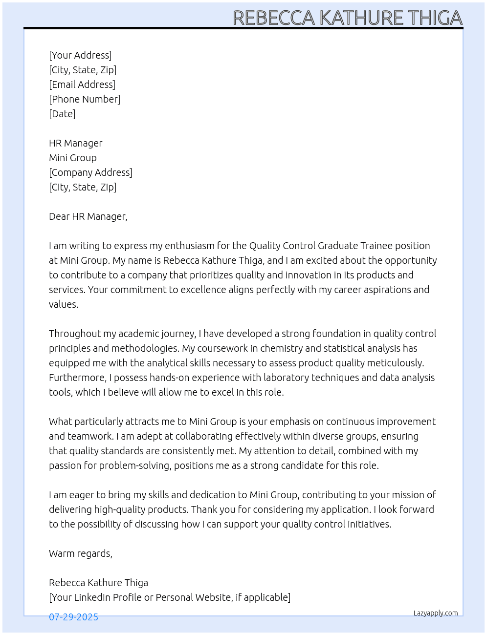 Quality Control graduate trainee At Mini group  Cover Letter