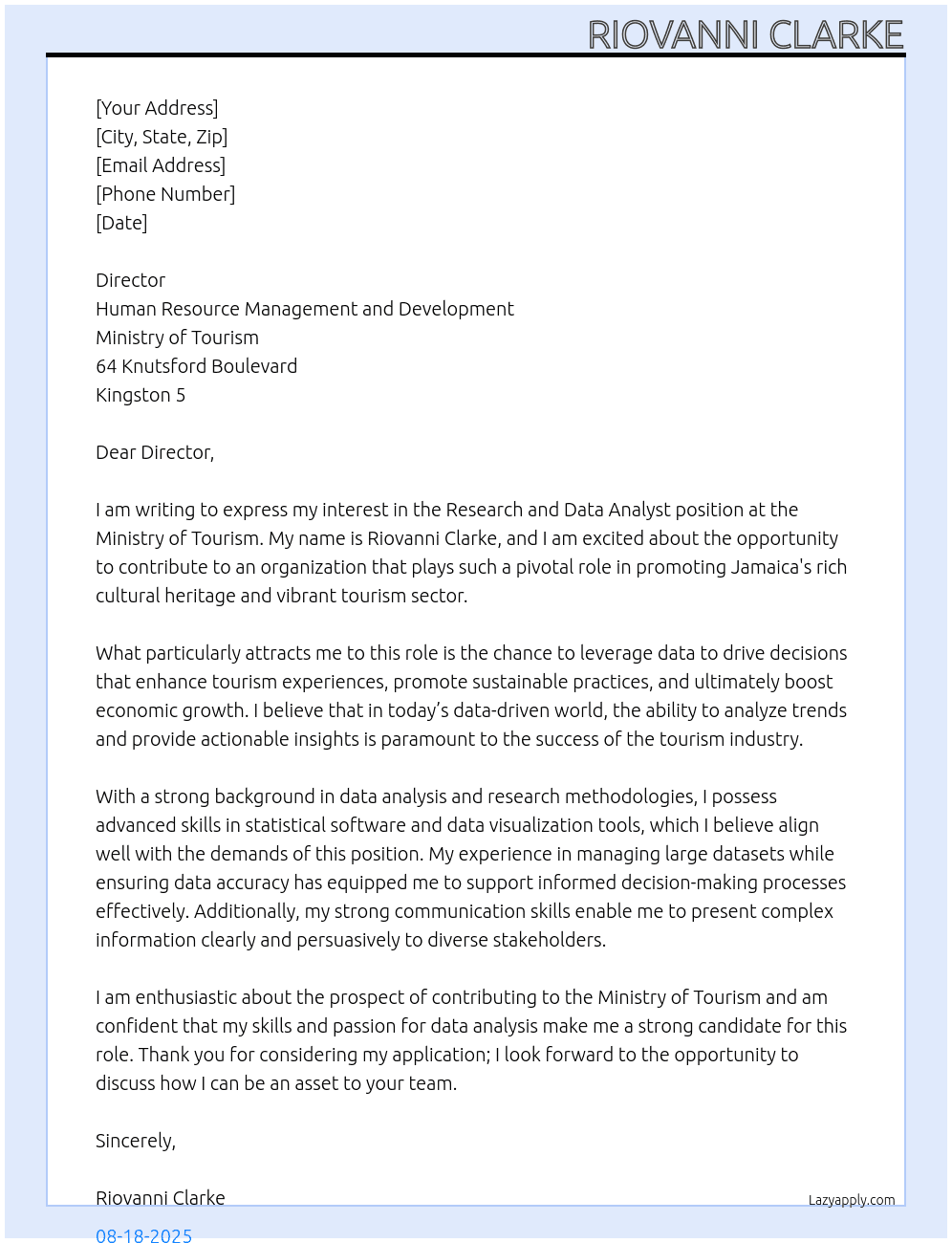Research and Data Analyst At Ministry of Tourism Cover Letter