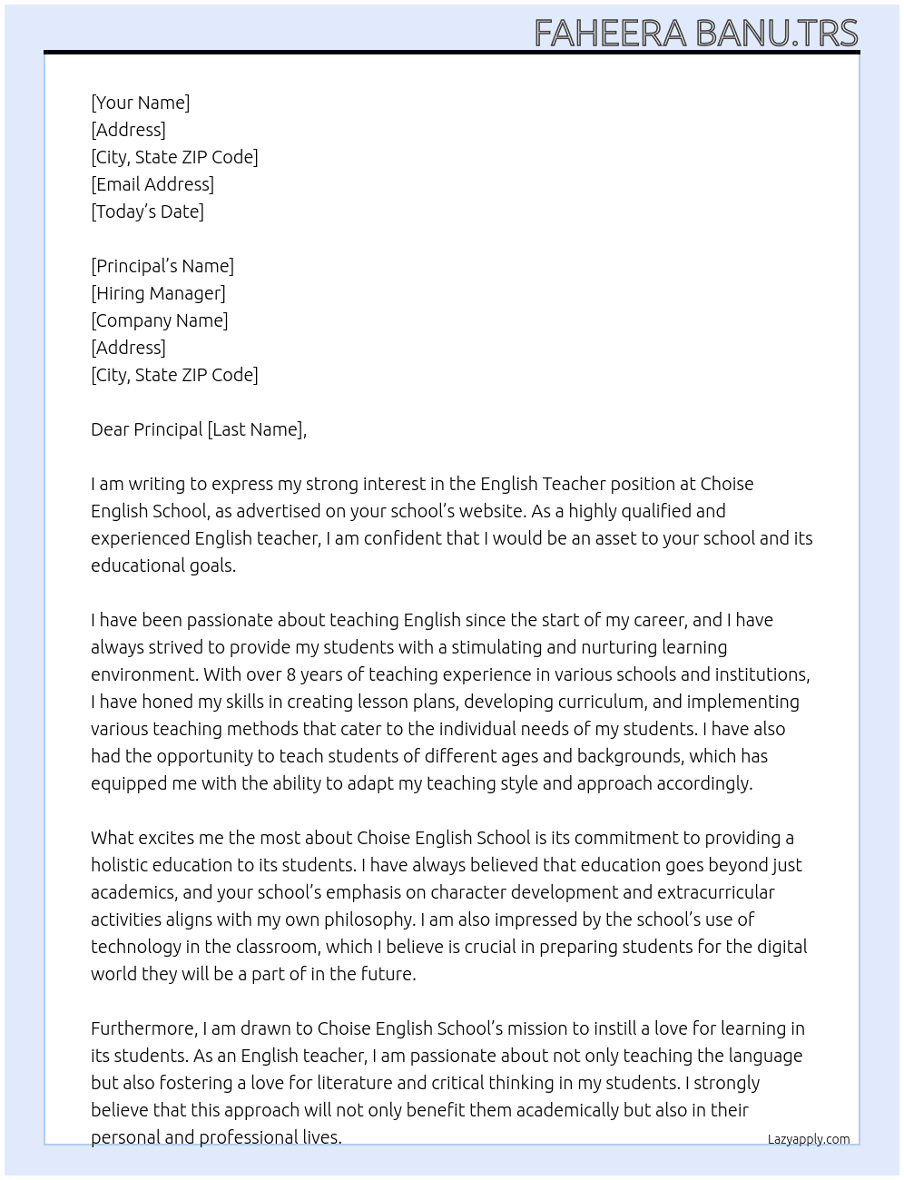 English Teacher  At Choise English school  Cover Letter