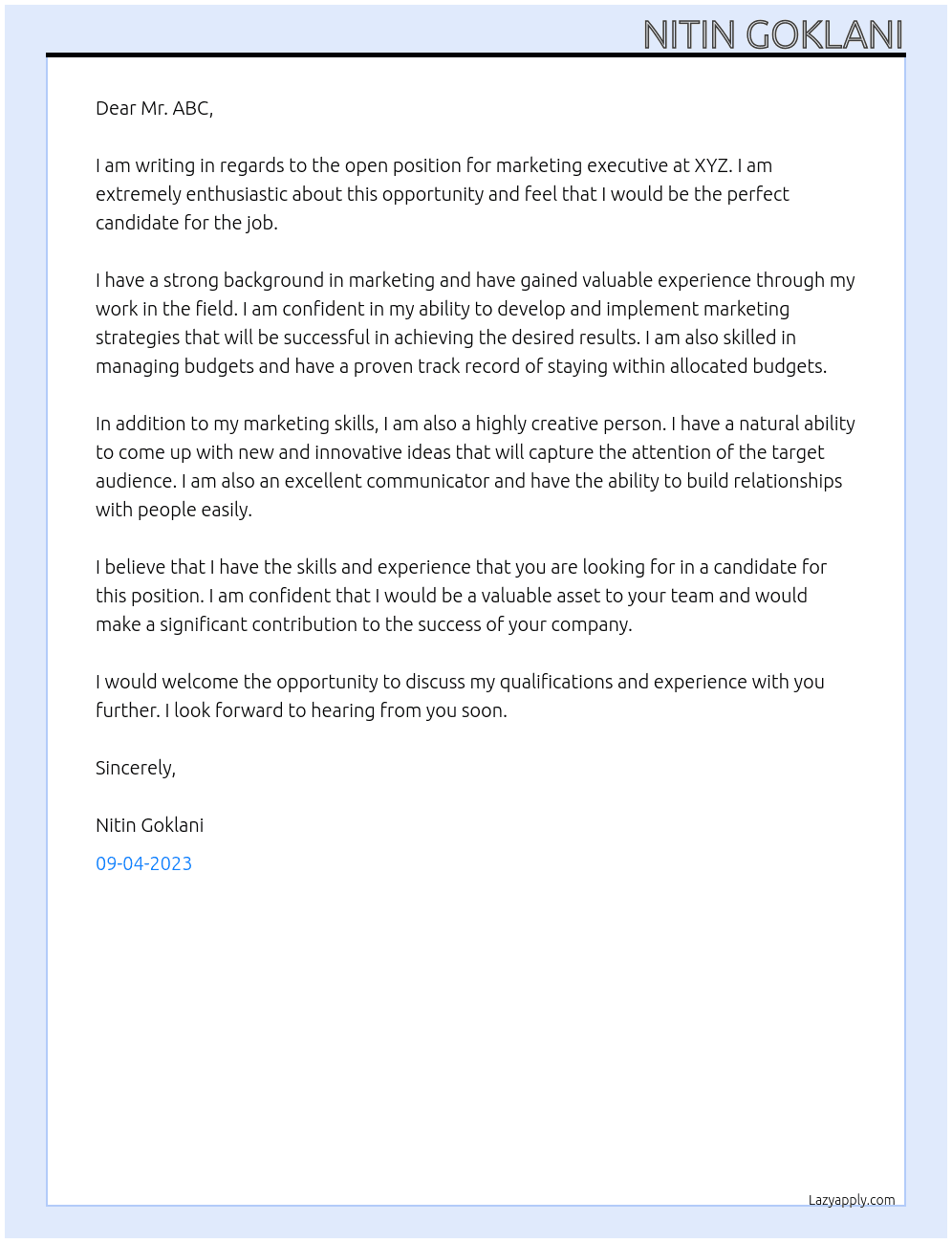 marketing executive At XYZ Cover Letter
