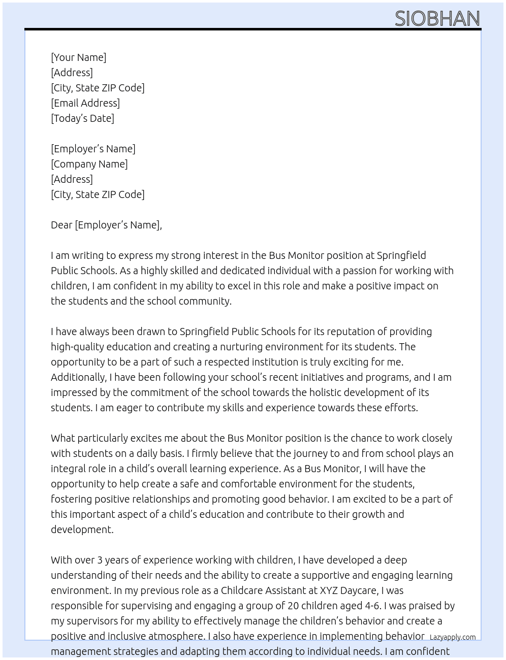 bus monitor At Springfield Public Schools Cover Letter