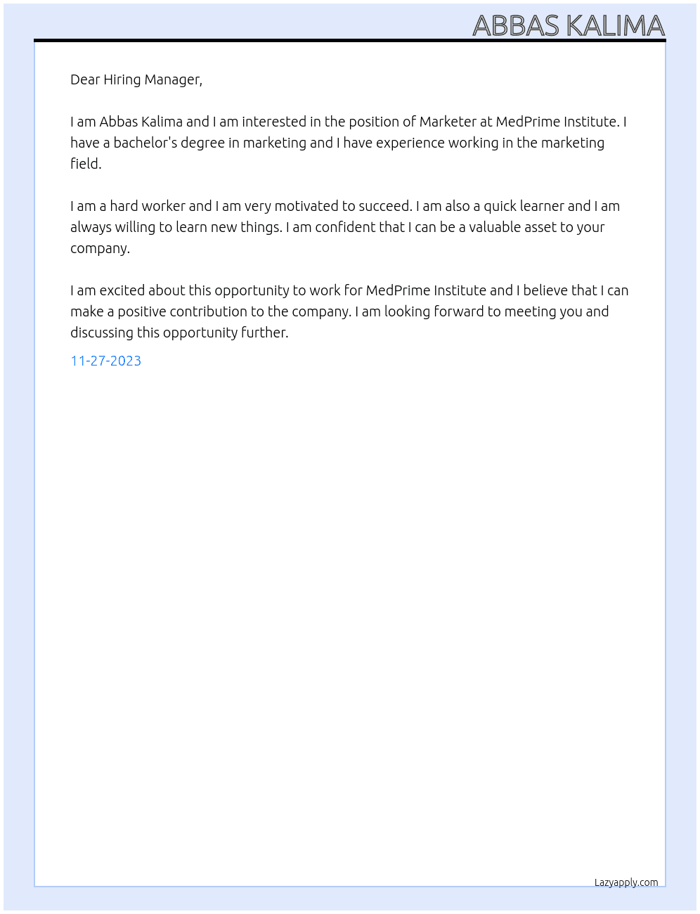 Marketer At MedPrime Institute Cover Letter