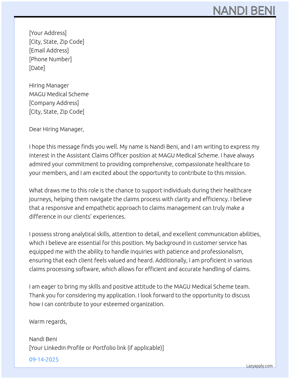 Cover letter for assistant claims officer - LazyApply