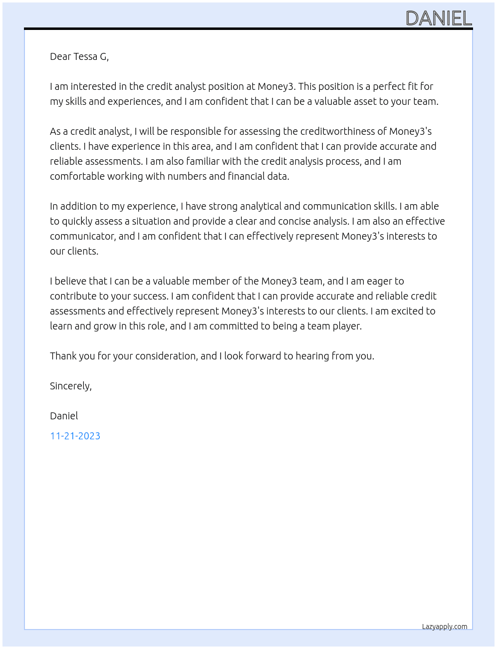 Credit analyst  At Money3 Cover Letter