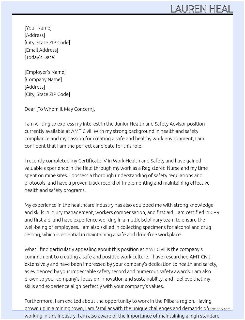 Junior Health and Safety Advisor  At AMT Civil Cover Letter