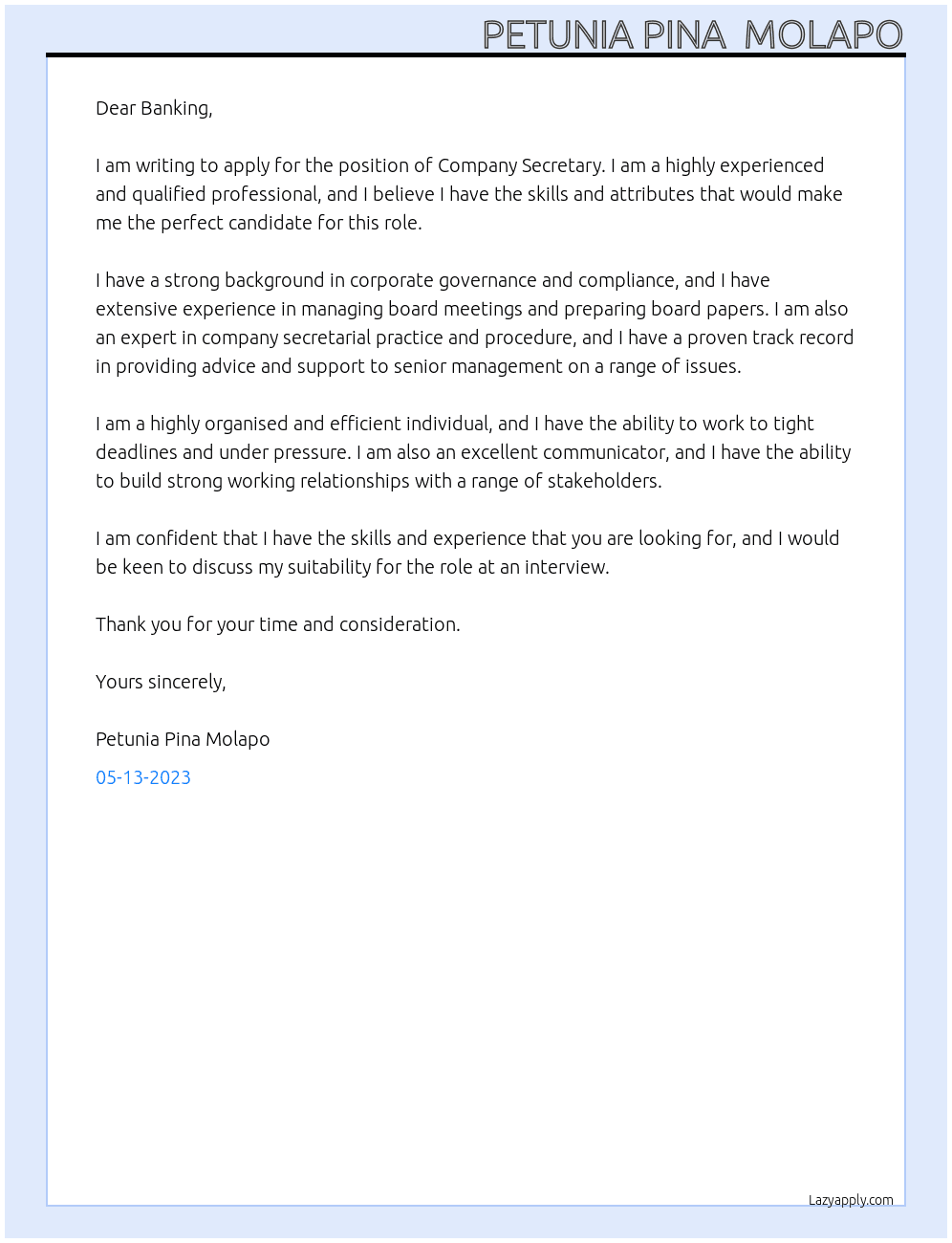 Company Secretary At Banking Cover Letter