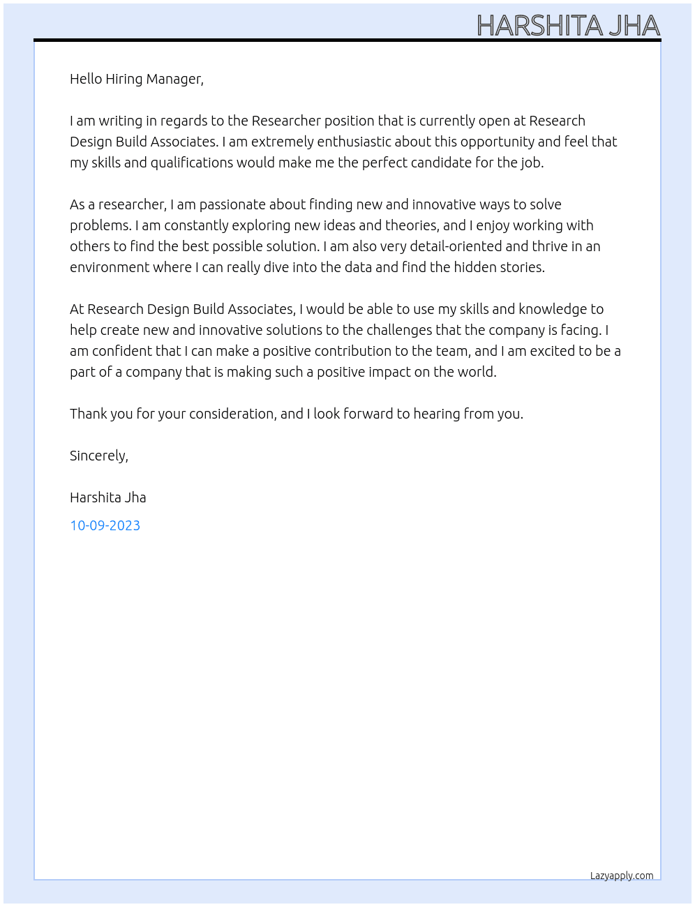 Researcher At Research Design Build Associates Cover Letter
