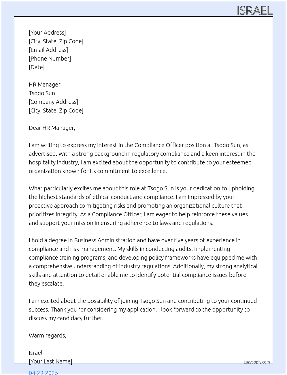 Compliance Officer At Tsogo sun Cover Letter