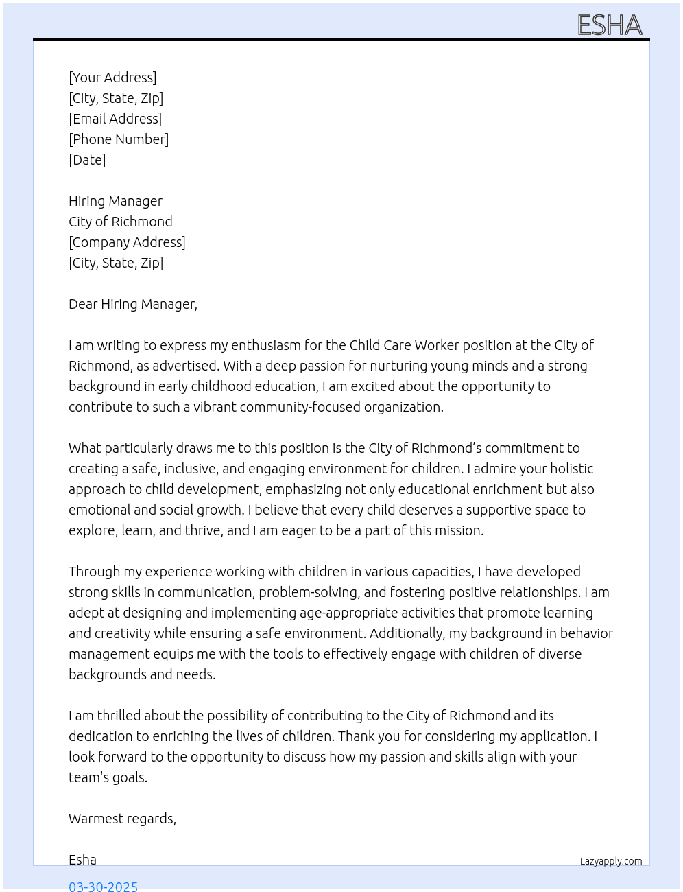 Child care worker  At City of Richmond  Cover Letter
