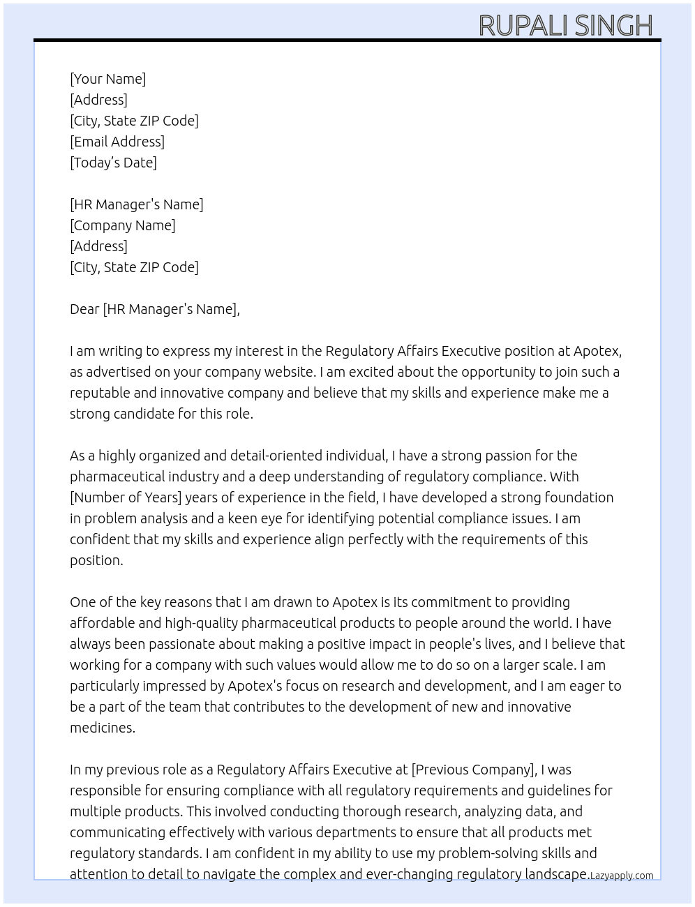 Regulatory affairs executive  At Apotex  Cover Letter