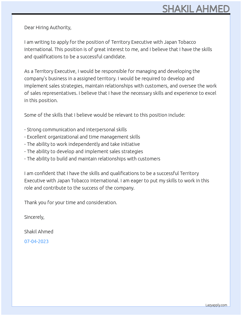 Territory Executive At Japan Tobacco International Cover Letter