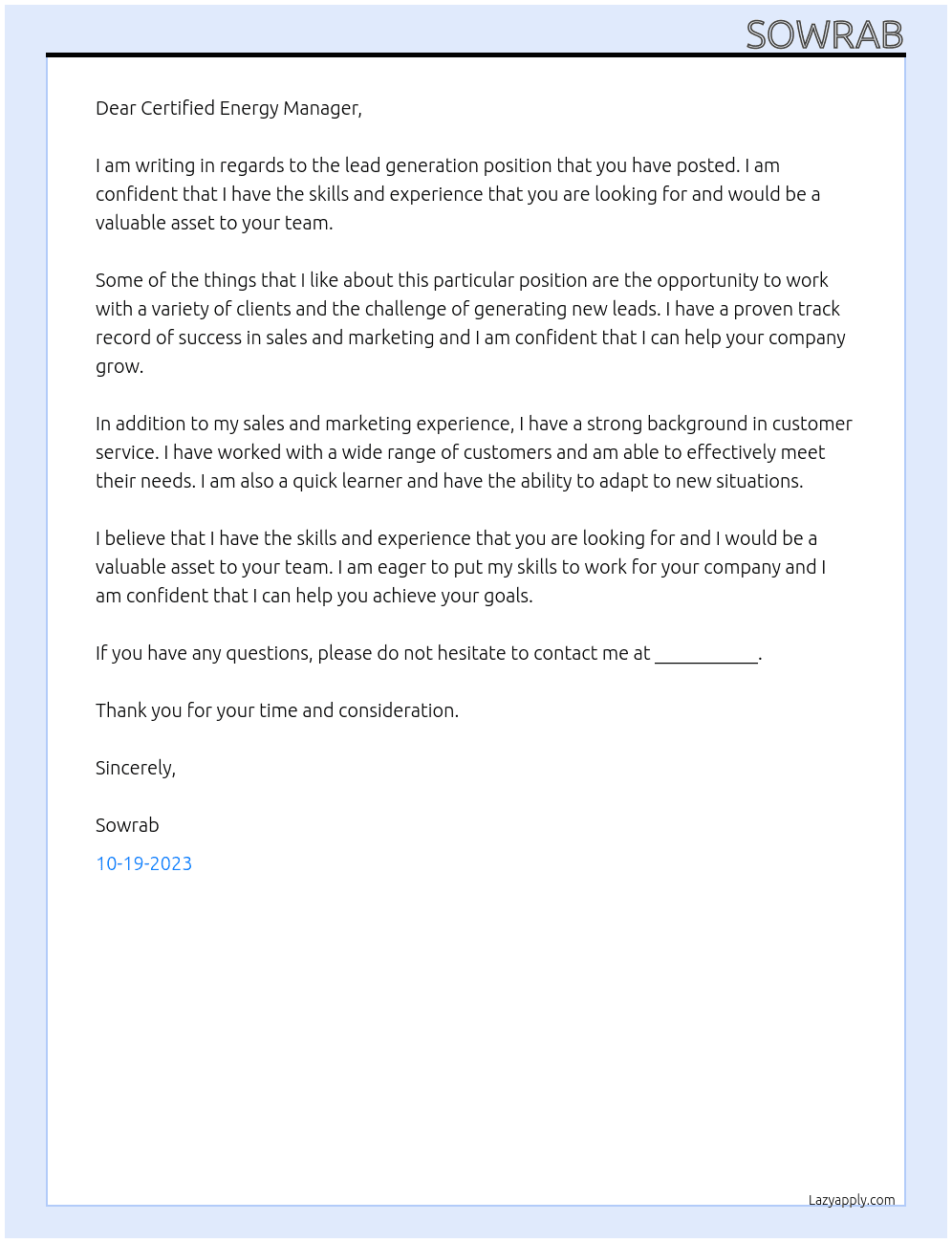 Lead Generation At Certified Energy Manager Cover Letter