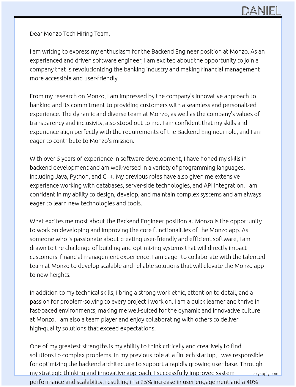 Backend engineer  At Monzo Cover Letter
