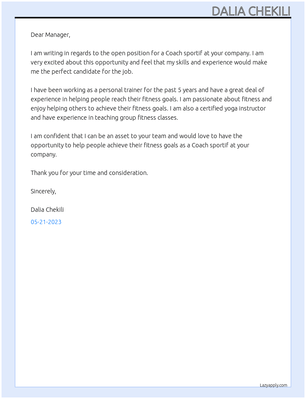 Coach sportif At chekili.d@gmail.com Cover Letter