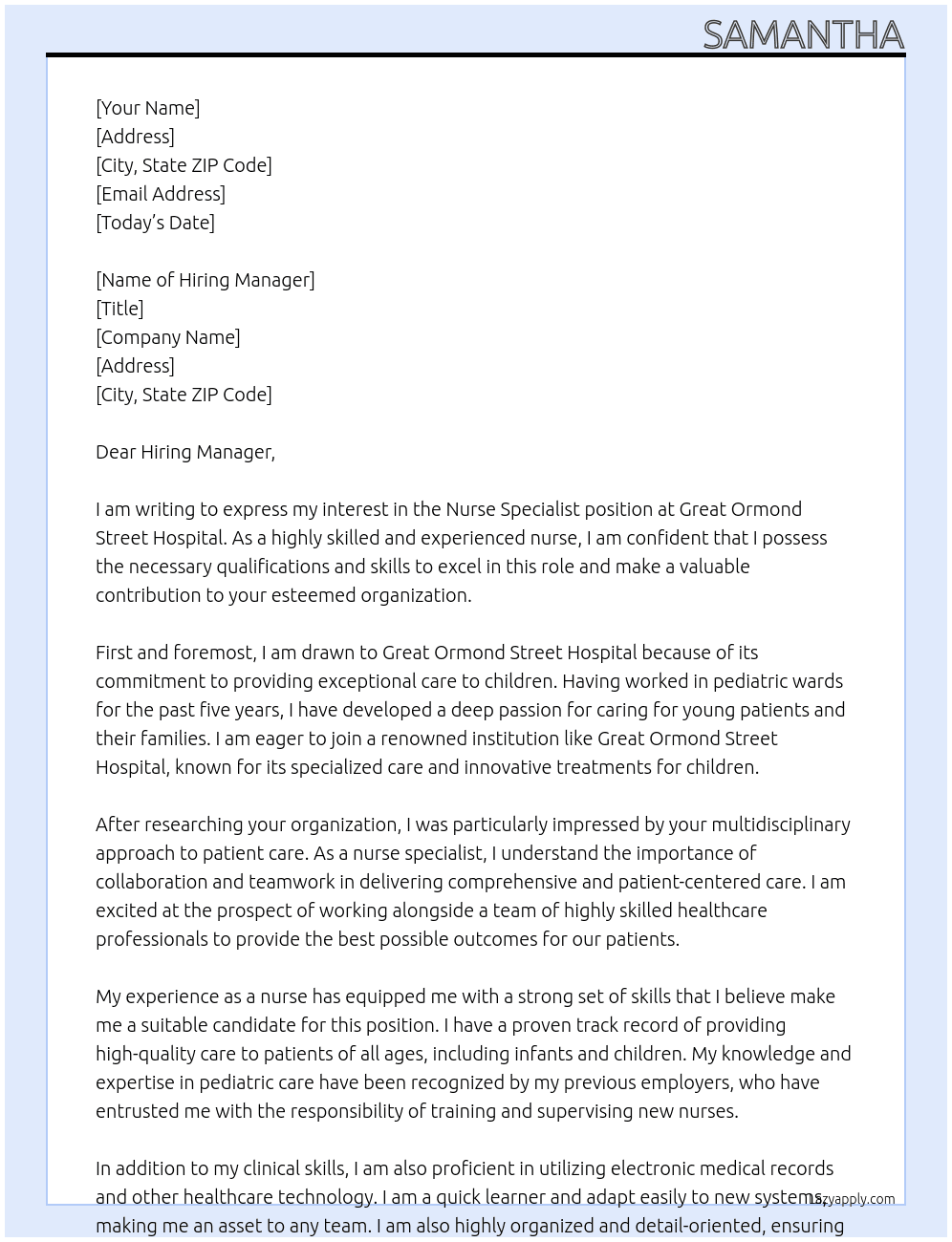 nurse specialist At Great Ormond Street Hospital Cover Letter