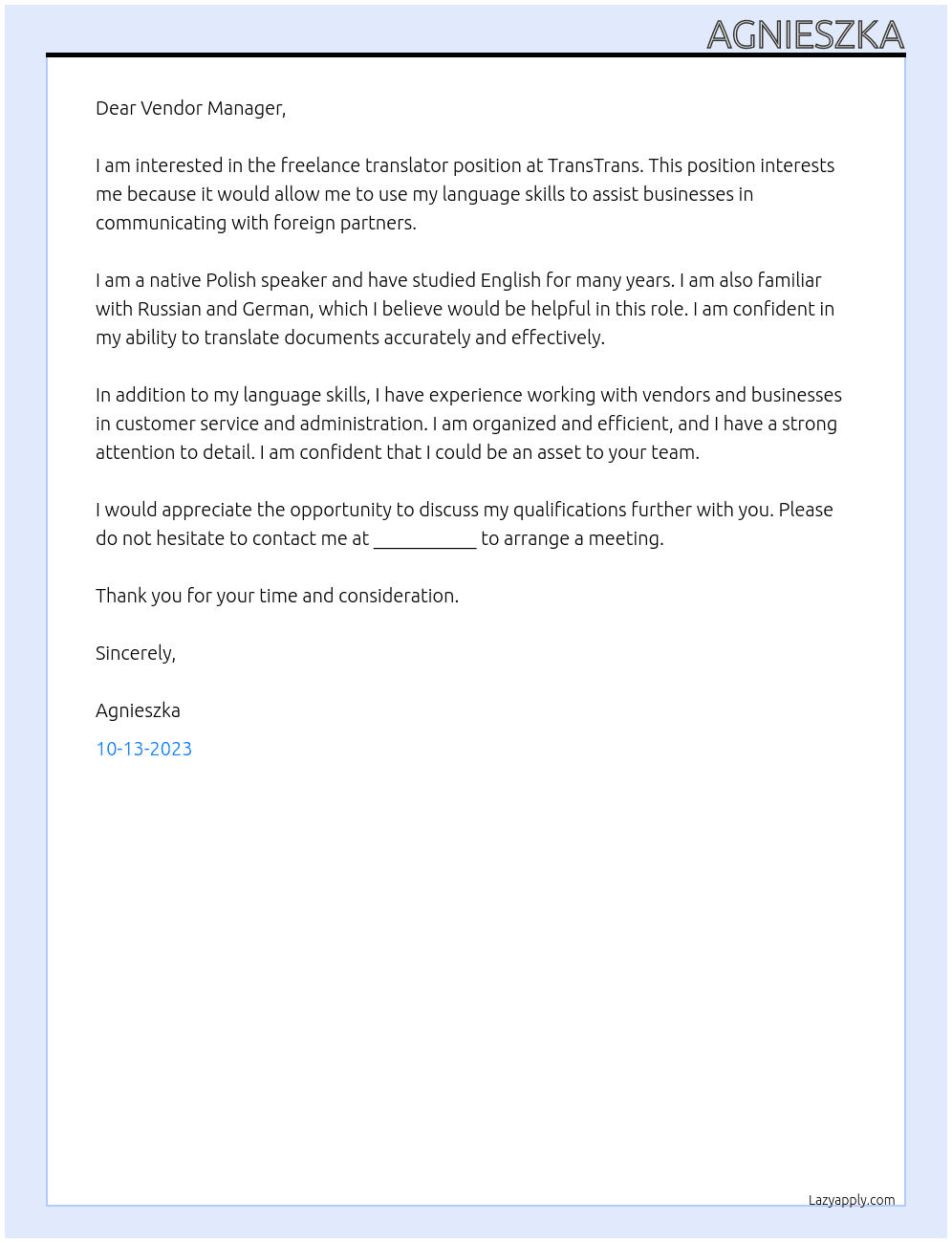 Freelance translator At TransTrans  Cover Letter