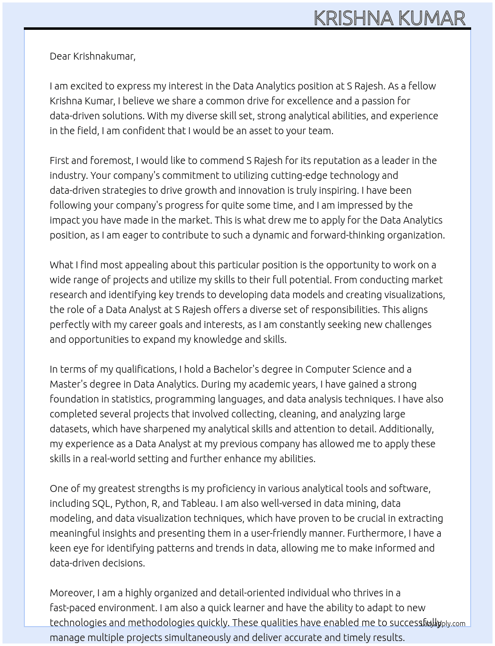 Data Analytics  At S Rajesh Cover Letter