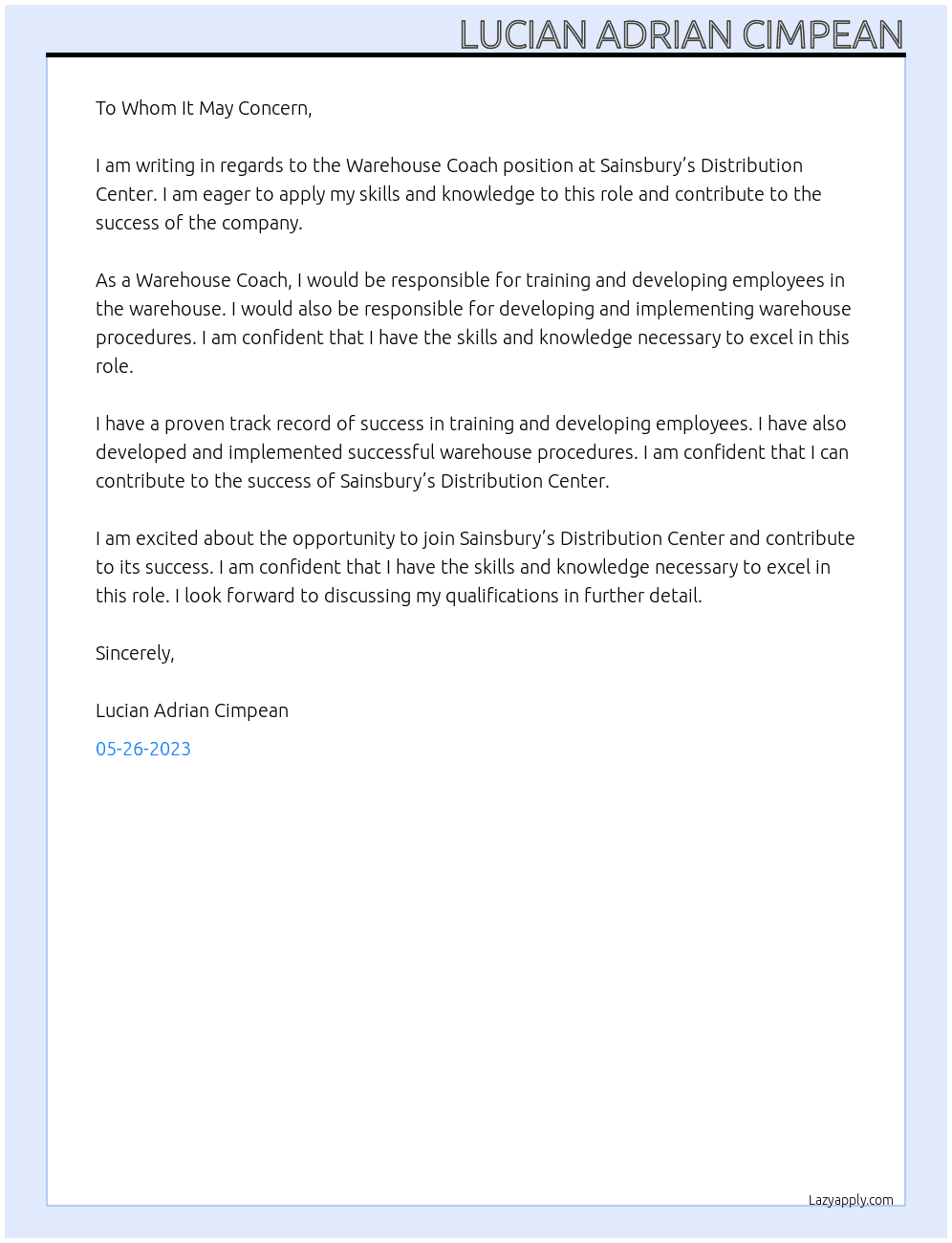 Warehouse Coach  At Sainsbury’s Distribution Center  Cover Letter