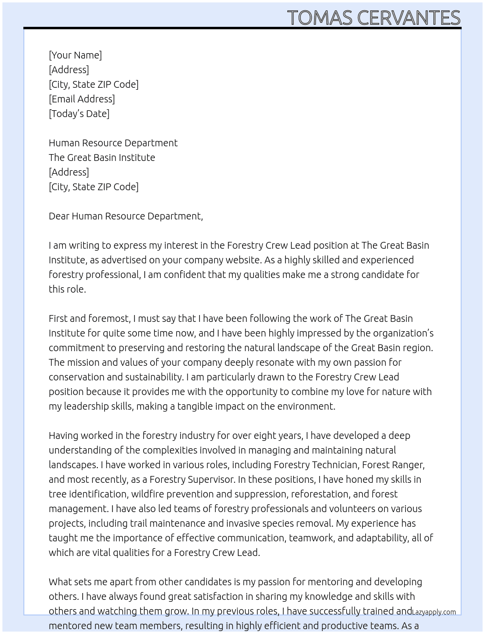 forestry crew lead At The Great Basin Institute Cover Letter