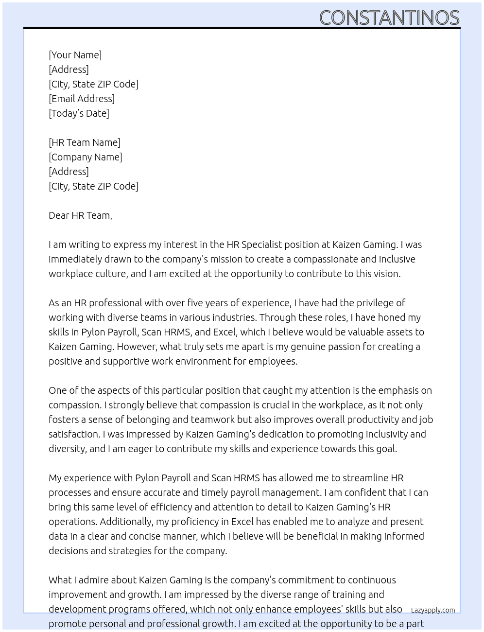 HR SPECIALIST  At Kaizen Gaming Cover Letter