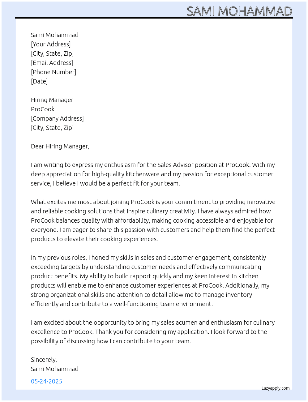 Sales Advisor At ProCook Cover Letter