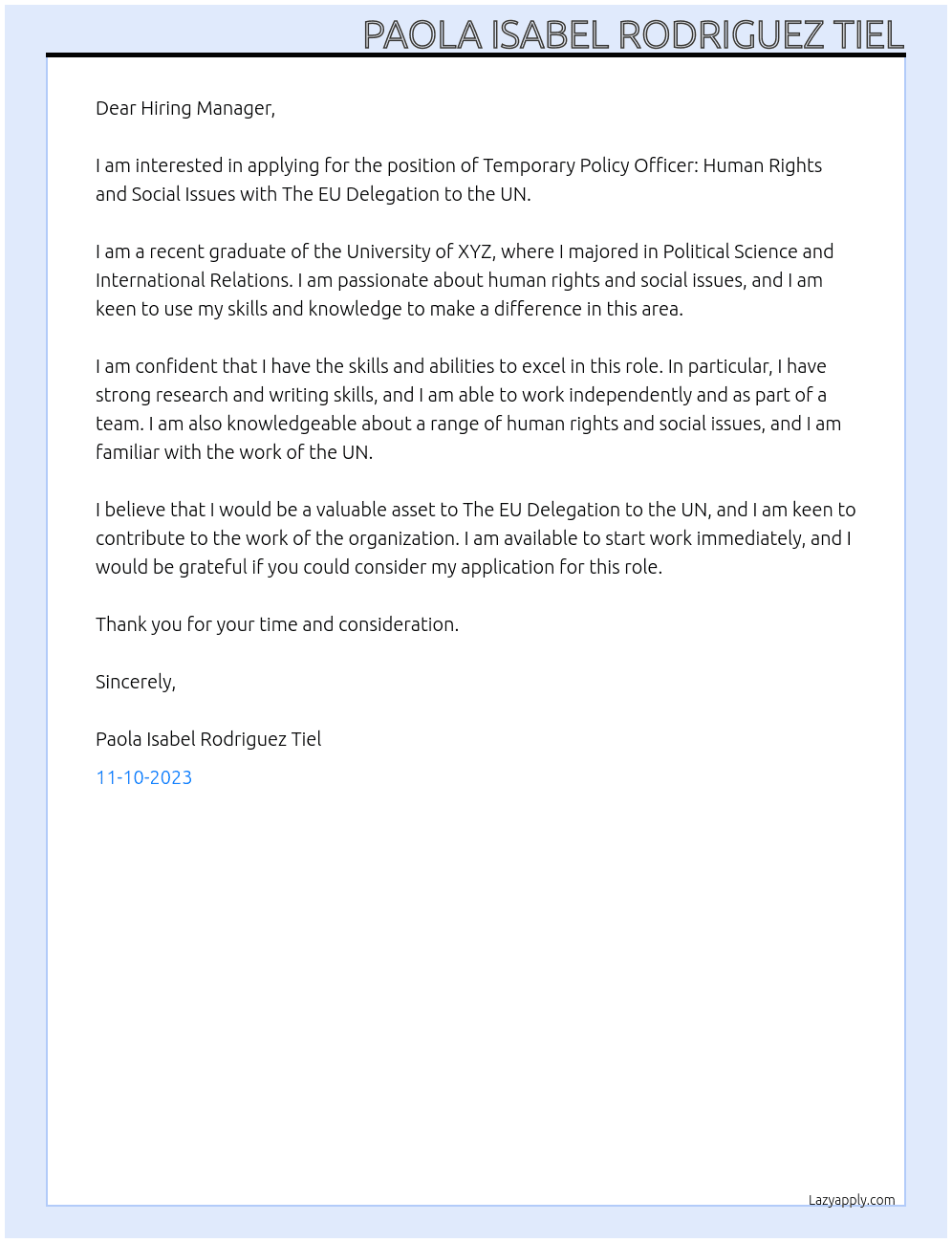 Temporary Policy Officer: Human Rights and Social Issues At The EU Delegation to the UN Cover Letter