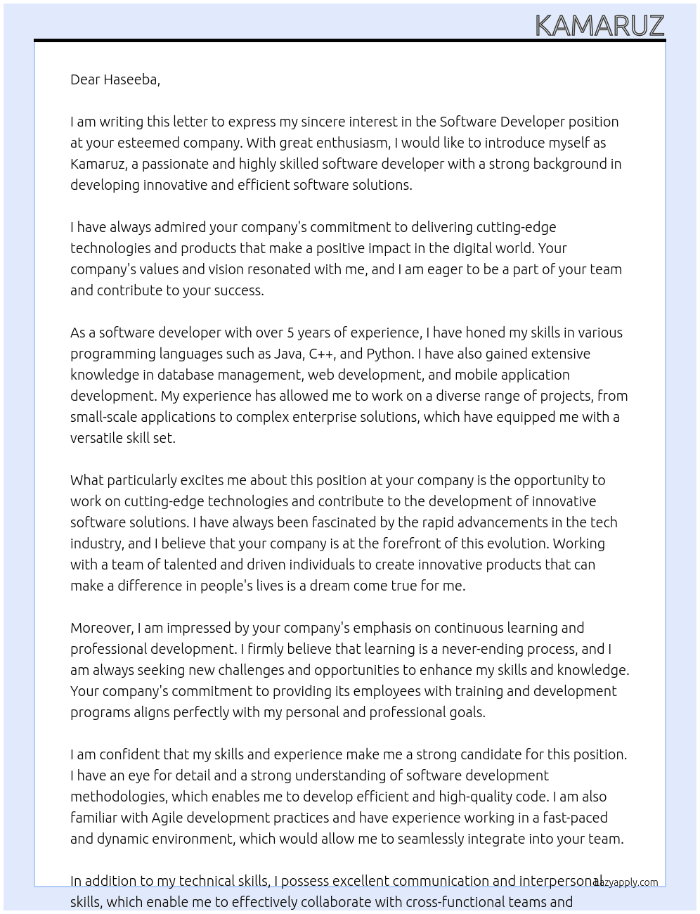 software developer At Haseeba  Cover Letter