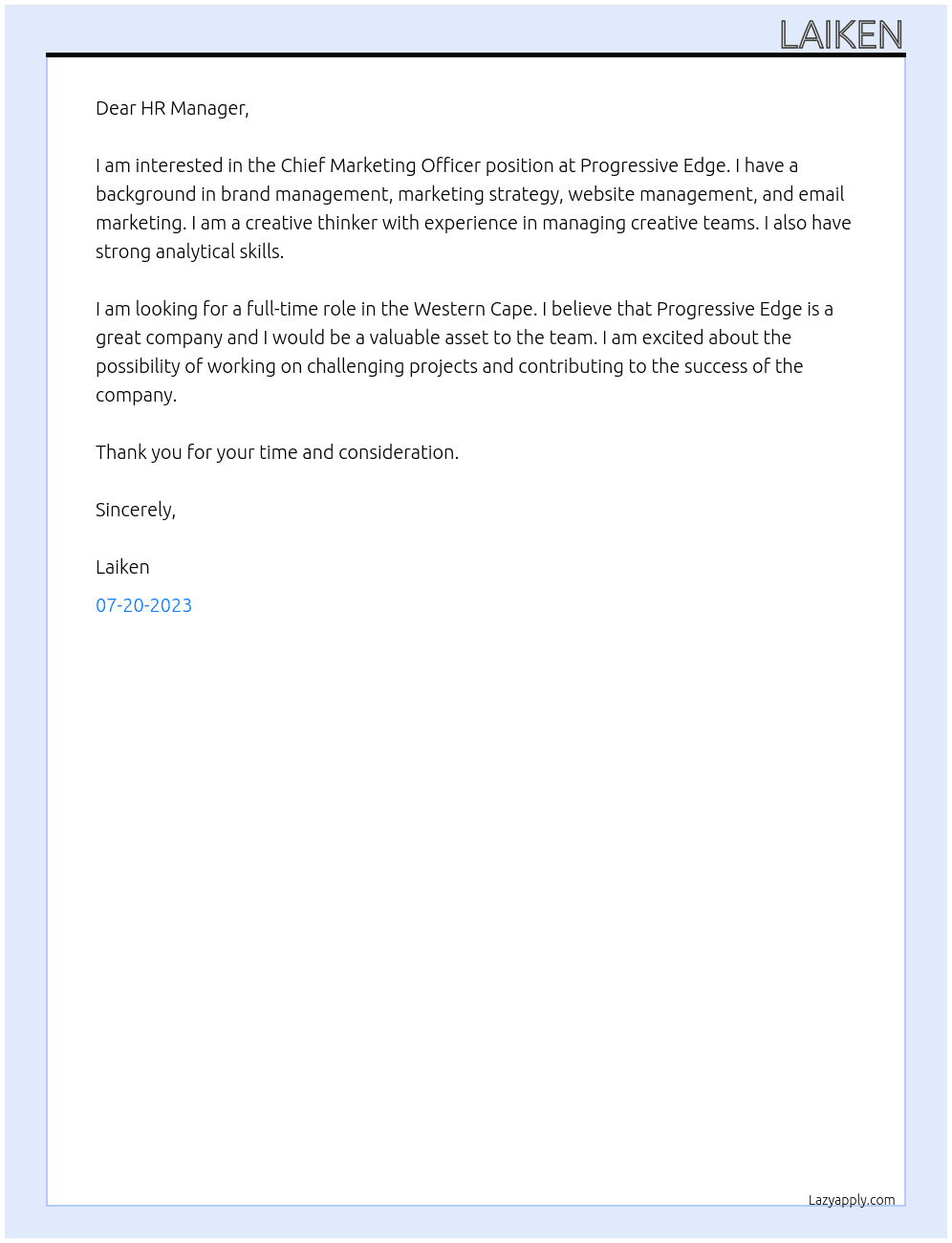 Chief Marketing Officer  At Progressive Edge Cover Letter