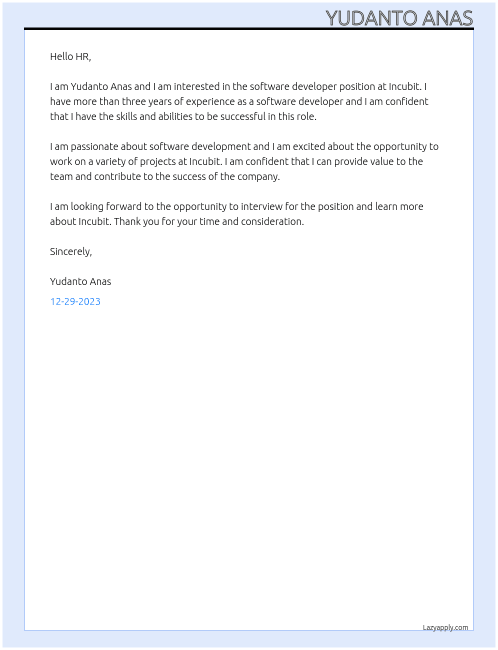 software developer At Incubit Cover Letter