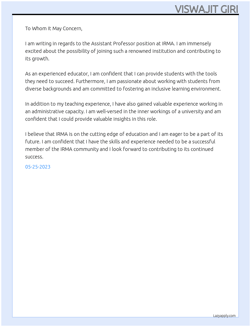 Assistant Professor At IRMA Cover Letter