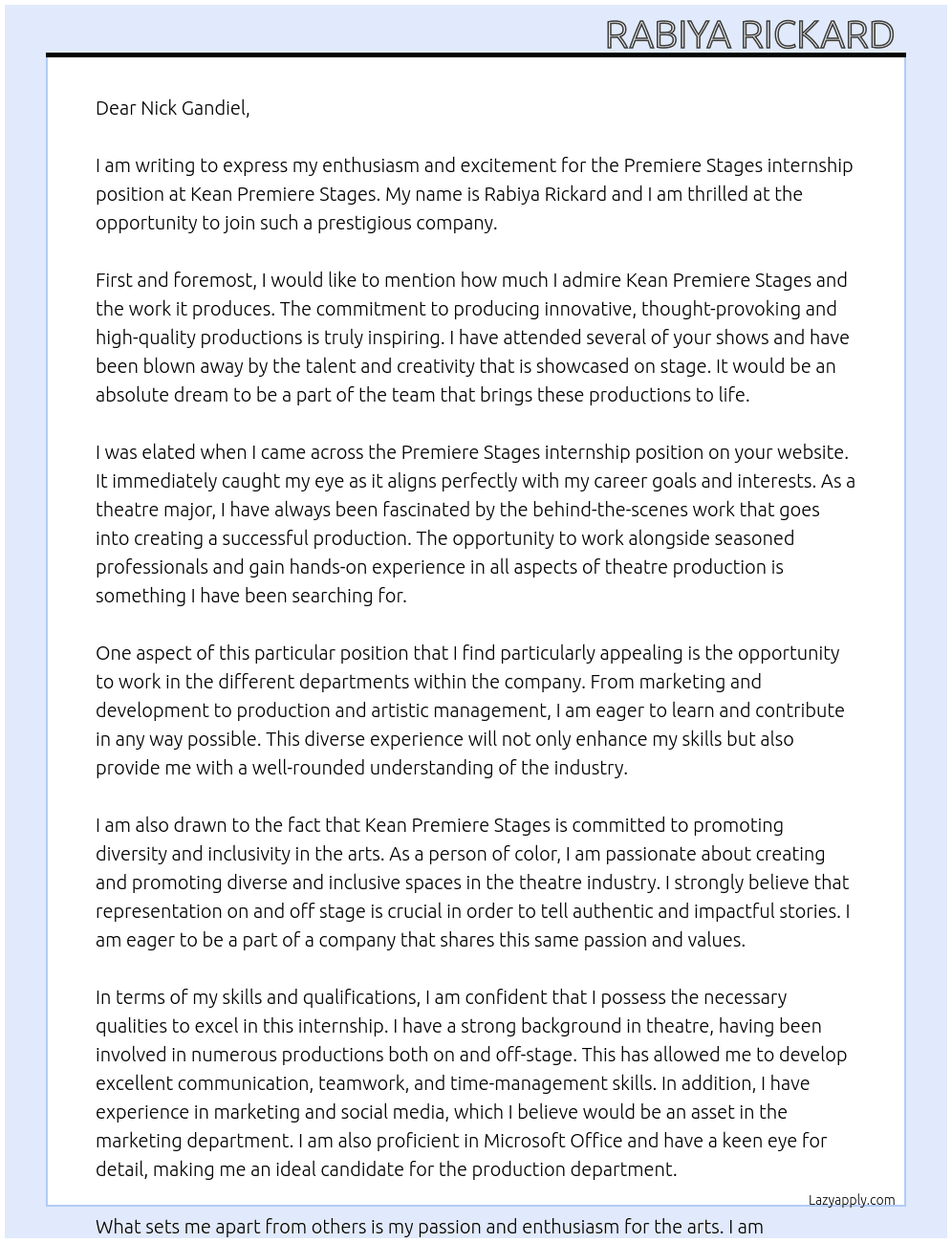 Premiere stages internship  At Kean Premiere Stages Cover Letter