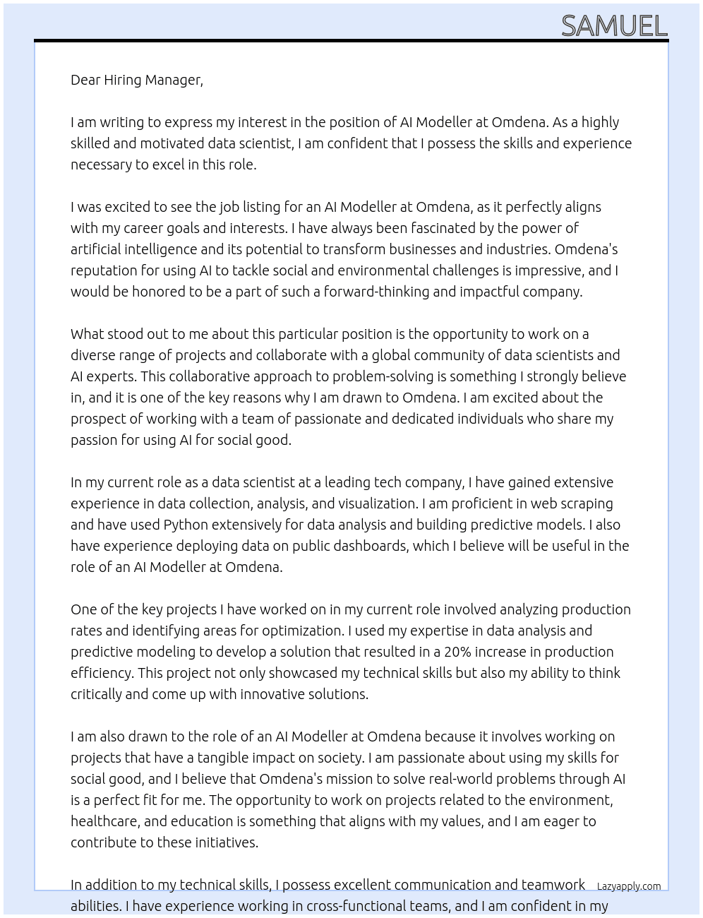 Ai modeller At Omdena Cover Letter